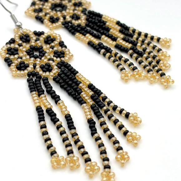 3 1/2" Boho Gold & Black Flower Tasseled Hand Beaded Tassel Dangle Earrings New - Picture 2 of 3